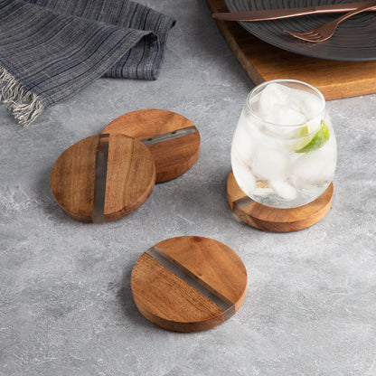 Thirstystone 4 Pack Round Acacia Wood Absorbent Coasters with Decorative Resin Inlay Strong Durable Absorbent