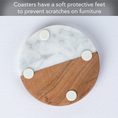 Thirstystone 4 Pack Natural Marble & Acacia Wood Round Coasters 4" Elegant Heat Tolerant Protects Surfaces