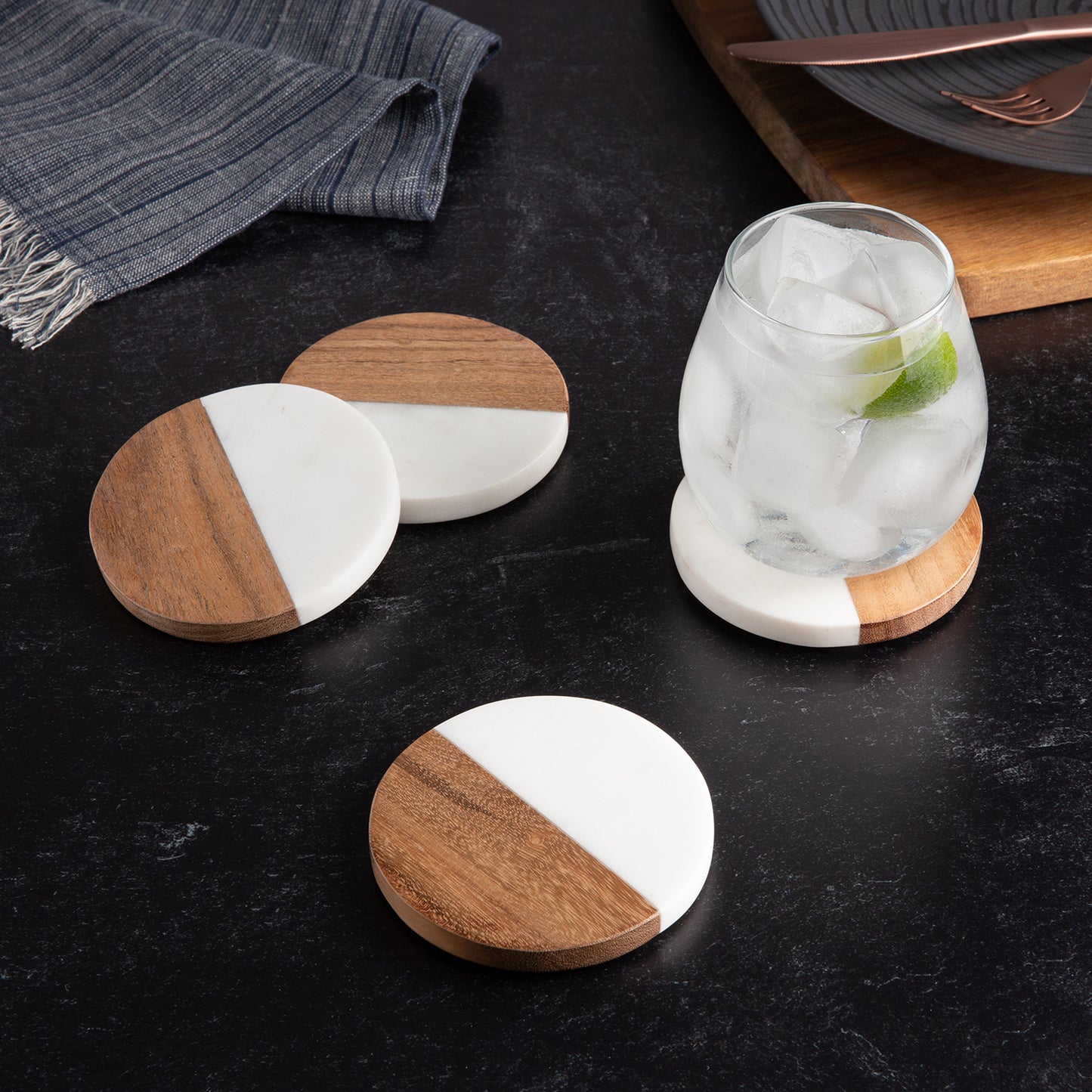 Thirstystone 4 Pack Natural Marble & Acacia Wood Round Coasters 4" Elegant Heat Tolerant Protects Surfaces