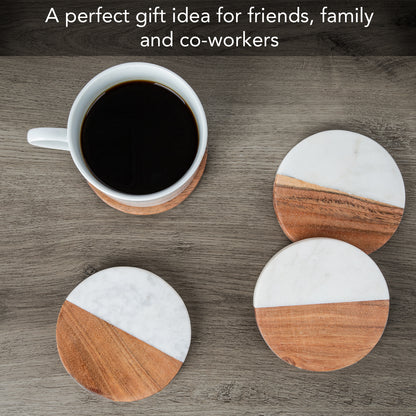 Thirstystone 4 Pack Natural Marble & Acacia Wood Round Coasters 4" Elegant Heat Tolerant Protects Surfaces