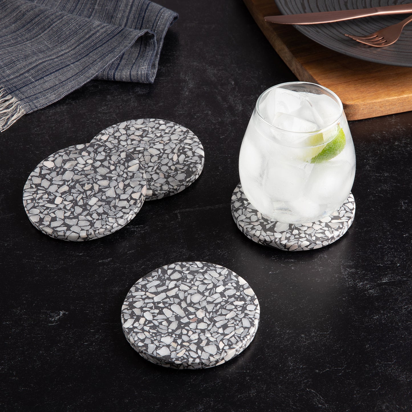 Thirstystone 4 Pack Black & White Natural Terrazzo Coasters with Protective Cork Backing 4" Diameter Attractive Absorbent Easily Wipes Clean