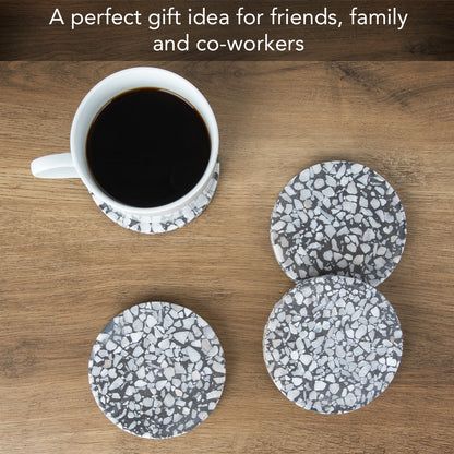 Thirstystone 4 Pack Black & White Natural Terrazzo Coasters with Protective Cork Backing 4" Diameter Attractive Absorbent Easily Wipes Clean