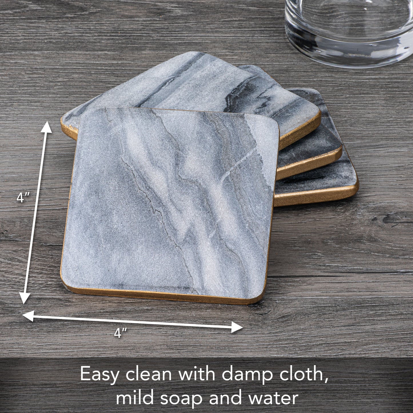 Thirstystone 4 Pack Natural Gray Marble Coasters with Gold Edge 4" Square Elegant, Heat Tolerant, Water Repellant