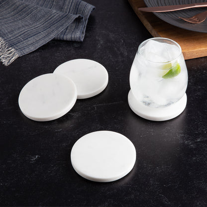 Thirstystone 4 Pack Natural White Marble Round Coasters 4.5" Diameter Elegant Heat Tolerant Easily Wipes Clean