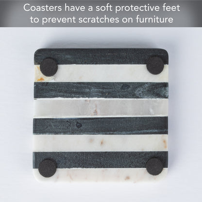 Thirstystone Marble Black & White Striped Coasters with Protective Cork Backing 4" Square Absorbent, Artistic, Elegant