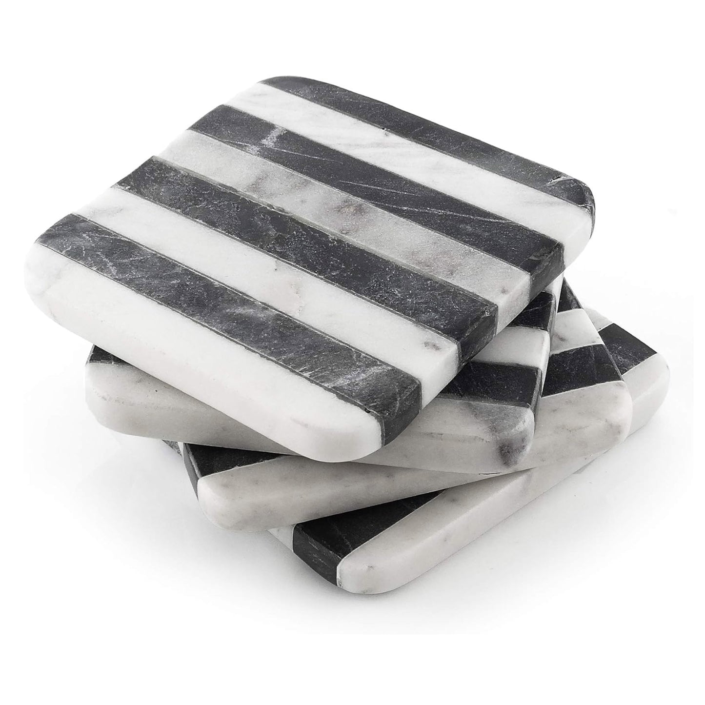 Thirstystone Marble Black & White Striped Coasters with Protective Cork Backing 4" Square Absorbent, Artistic, Elegant