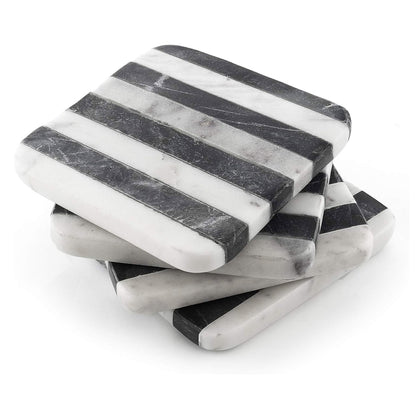 Thirstystone Marble Black & White Striped Coasters with Protective Cork Backing 4" Square Absorbent, Artistic, Elegant