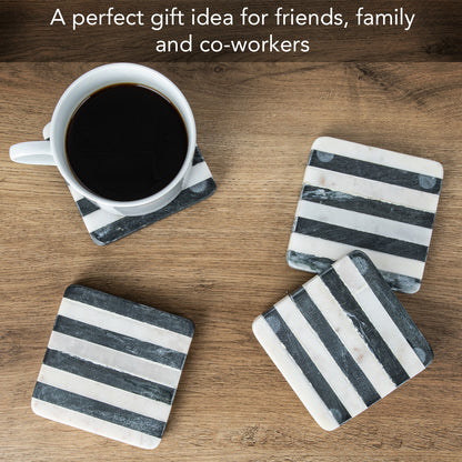 Thirstystone Marble Black & White Striped Coasters with Protective Cork Backing 4" Square Absorbent, Artistic, Elegant