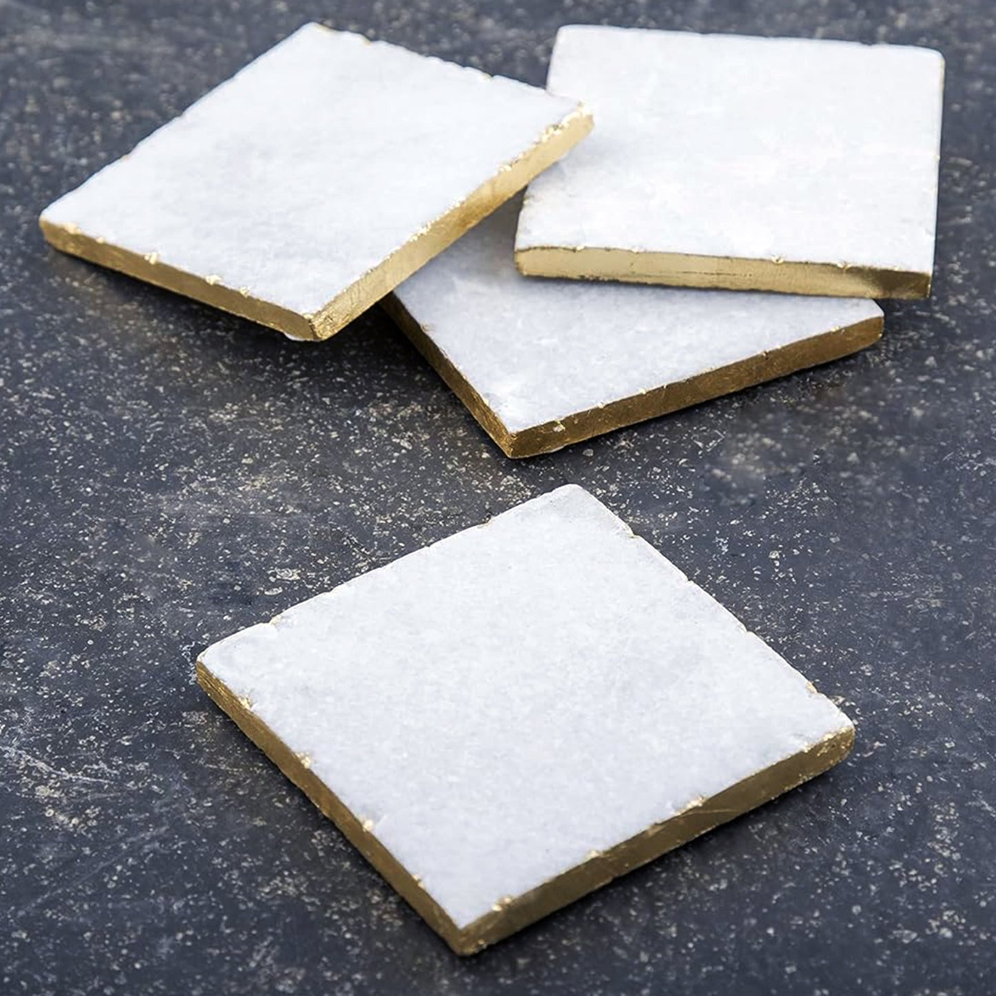 Thirstystone Square White Marble/Gold Edged Coasters (Set of 4), Multicolor
