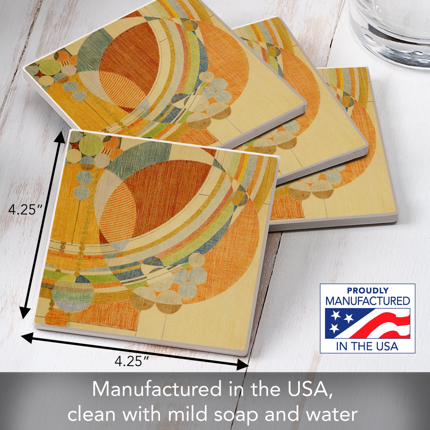 March Balloons Design from Frank Lloyd Wright Foundation on 4-Pack Absorbent Stone Square Coasters with Protective Cork Backing Manufactured in The USA