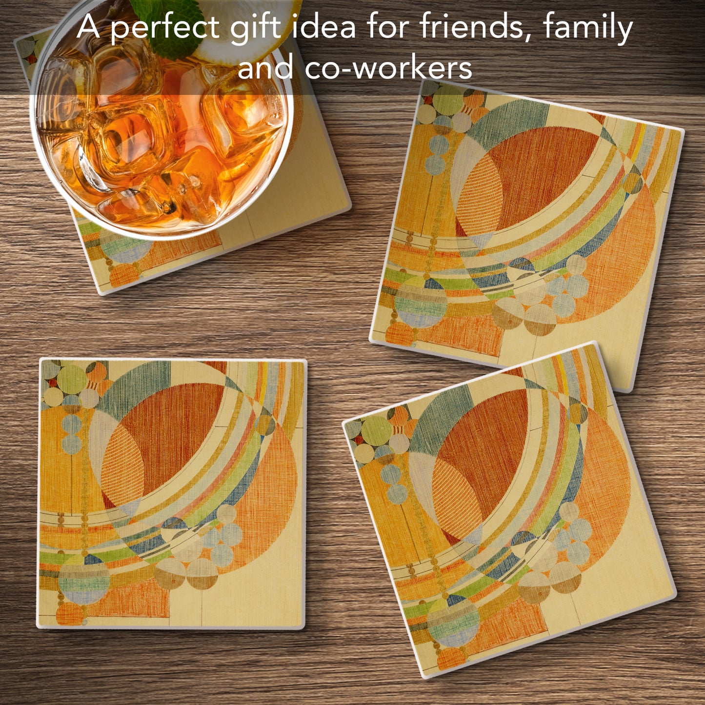 March Balloons Design from Frank Lloyd Wright Foundation on 4-Pack Absorbent Stone Square Coasters with Protective Cork Backing Manufactured in The USA
