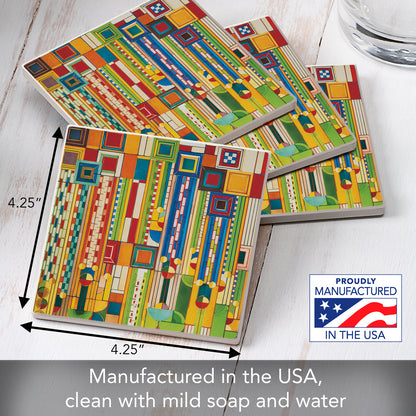 Sagauro Forms Design from Frank Lloyd Wright Foundation on 4-Pack Absorbent Stone Square Coasters with Protective Cork Backing Manufactured in The USA
