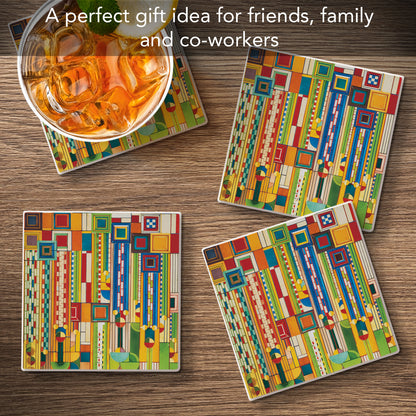 Sagauro Forms Design from Frank Lloyd Wright Foundation on 4-Pack Absorbent Stone Square Coasters with Protective Cork Backing Manufactured in The USA