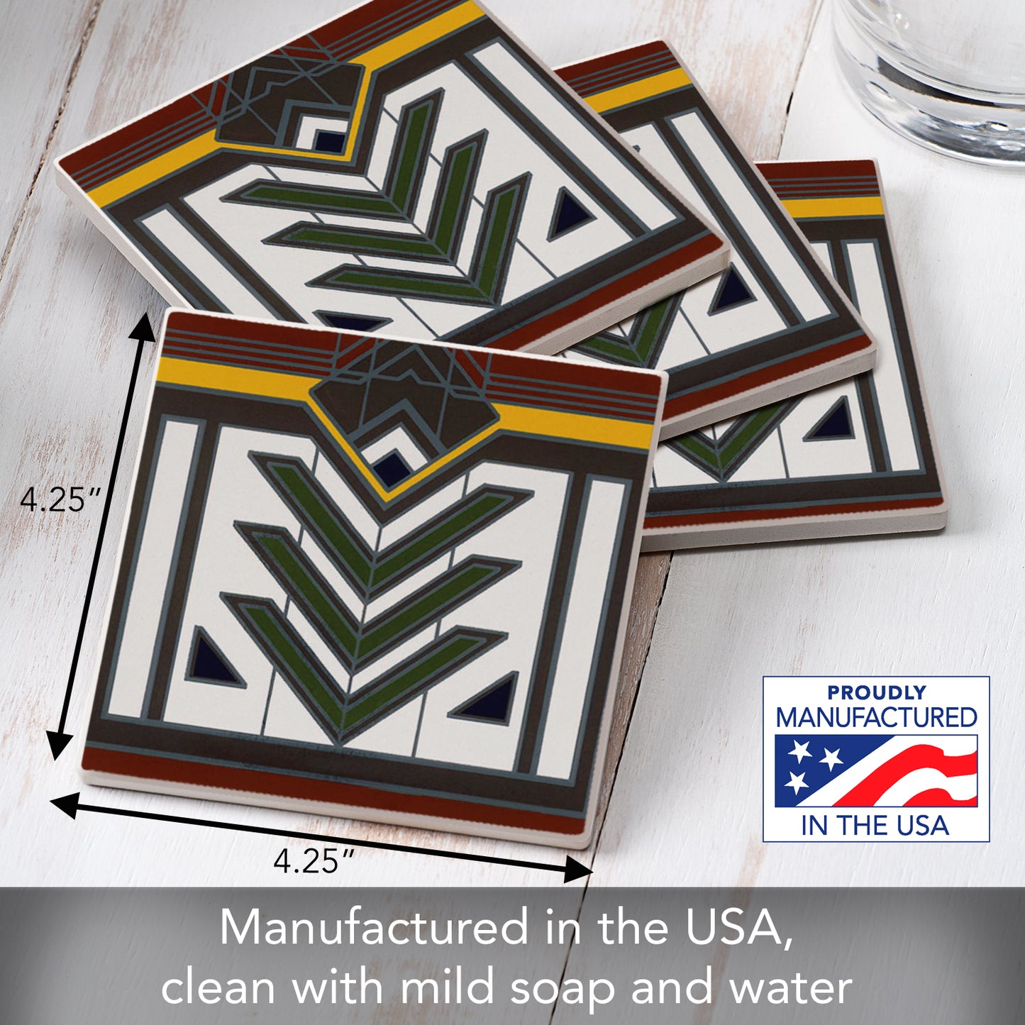 Meyer May Design from Frank Lloyd Wright Foundation on 4-Pack Absorbent Stone Square Coasters with Protective Cork Backing Manufactured in The USA
