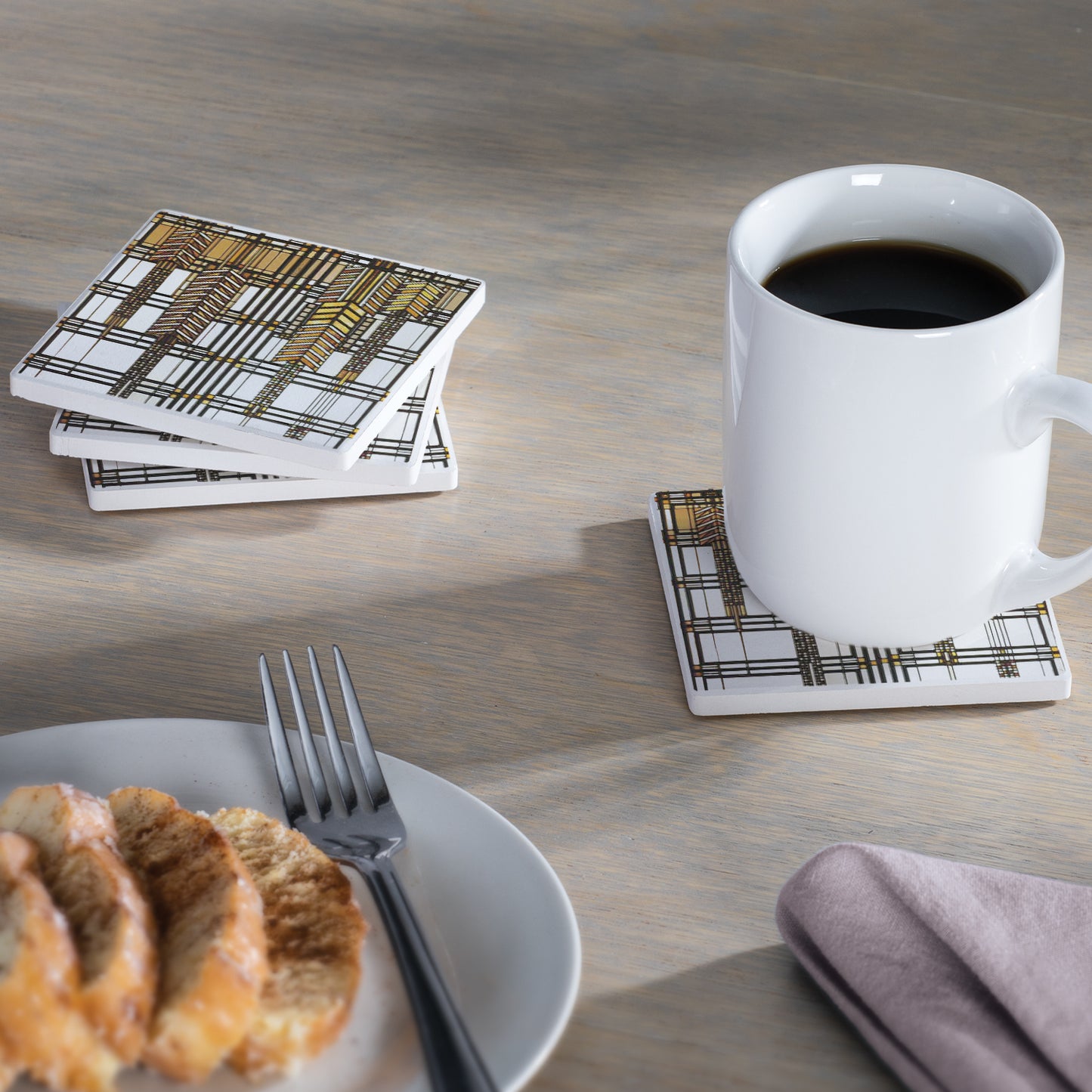Dana Thomas House II Design from Frank Lloyd Wright Foundation on 4-Pack Absorbent Stone Square Coasters with Protective Cork Backing Manufactured in The USA