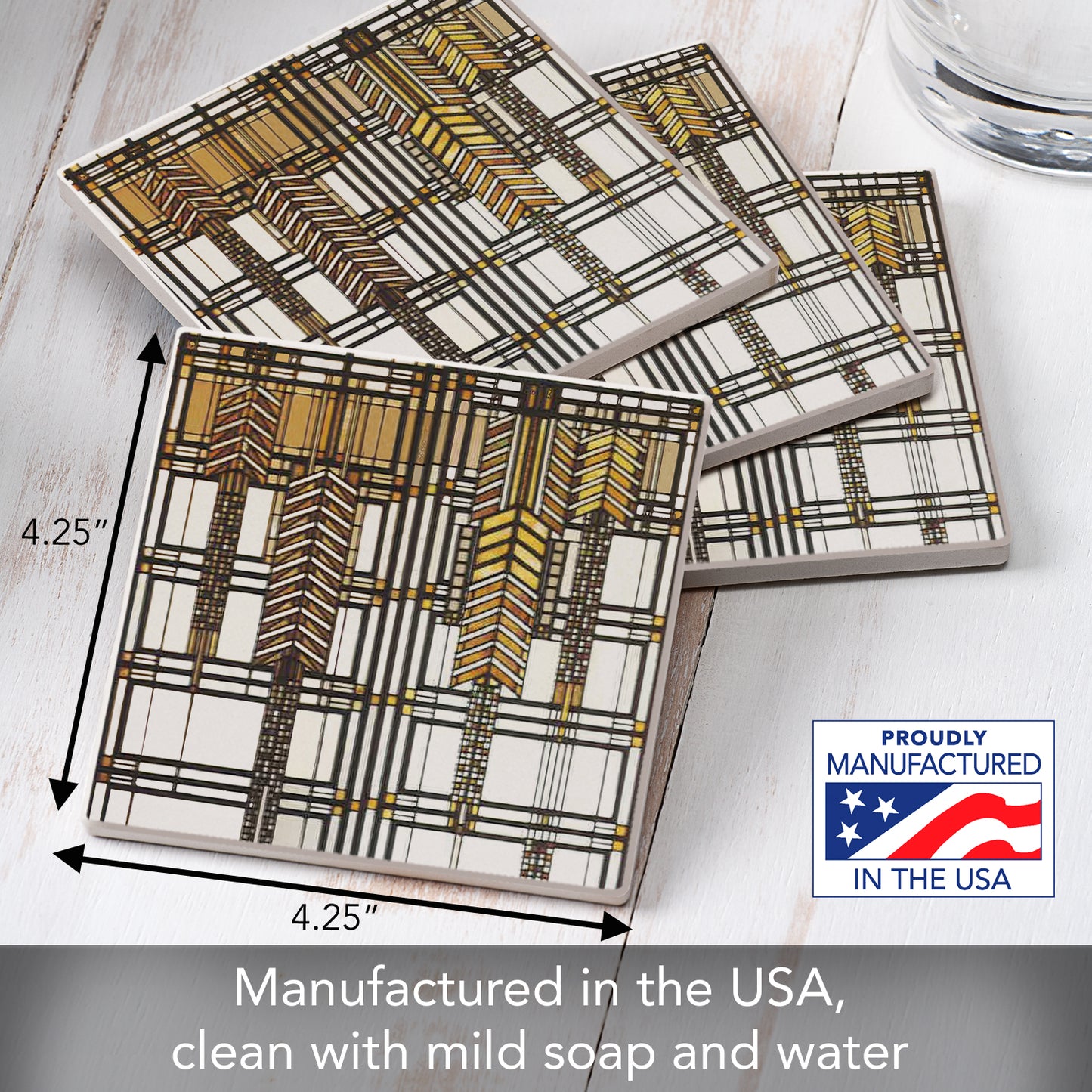 Dana Thomas House II Design from Frank Lloyd Wright Foundation on 4-Pack Absorbent Stone Square Coasters with Protective Cork Backing Manufactured in The USA