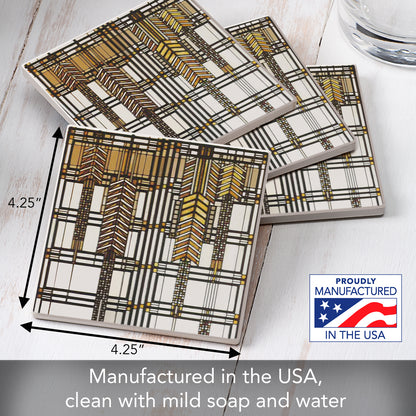 Dana Thomas House II Design from Frank Lloyd Wright Foundation on 4-Pack Absorbent Stone Square Coasters with Protective Cork Backing Manufactured in The USA
