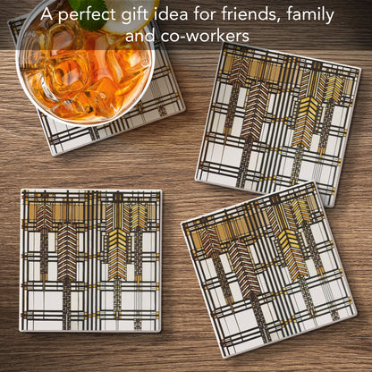 Dana Thomas House II Design from Frank Lloyd Wright Foundation on 4-Pack Absorbent Stone Square Coasters with Protective Cork Backing Manufactured in The USA