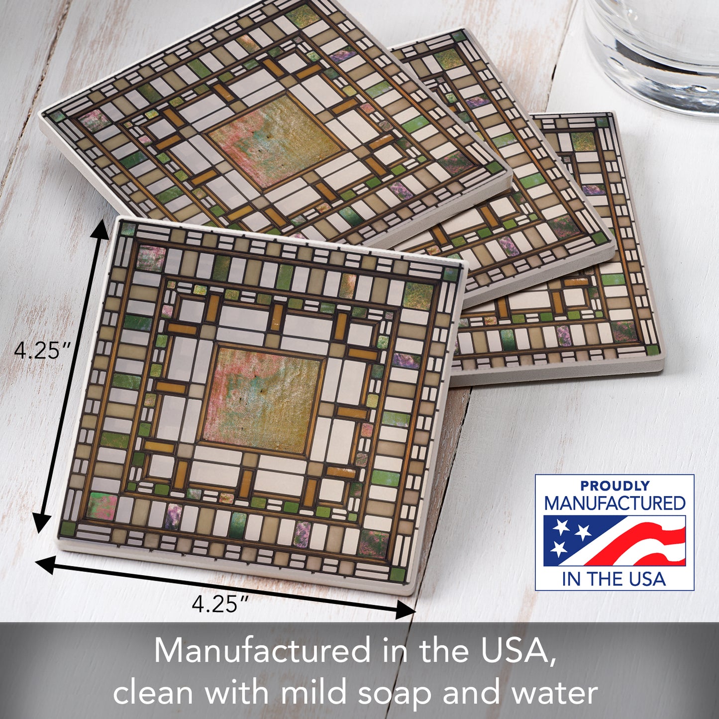 Pier Cluster Laylight Design from Frank Lloyd Wright Foundation on 4-Pack Absorbent Stone Square Coasters with Protective Cork Backing Manufactured in The USA