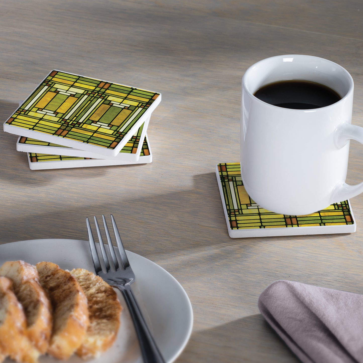 Oak Park Skylight Design from Frank Lloyd Wright Foundation on 4-Pack Absorbent Stone Square Coasters with Protective Cork Backing Manufactured in The USA