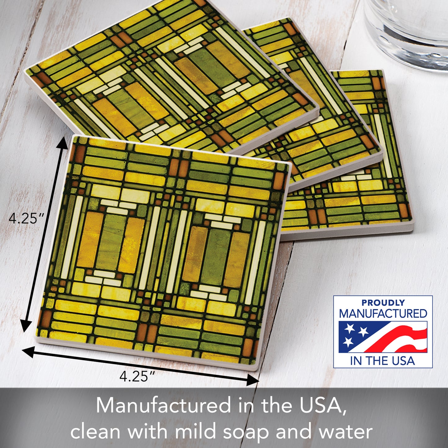 Oak Park Skylight Design from Frank Lloyd Wright Foundation on 4-Pack Absorbent Stone Square Coasters with Protective Cork Backing Manufactured in The USA