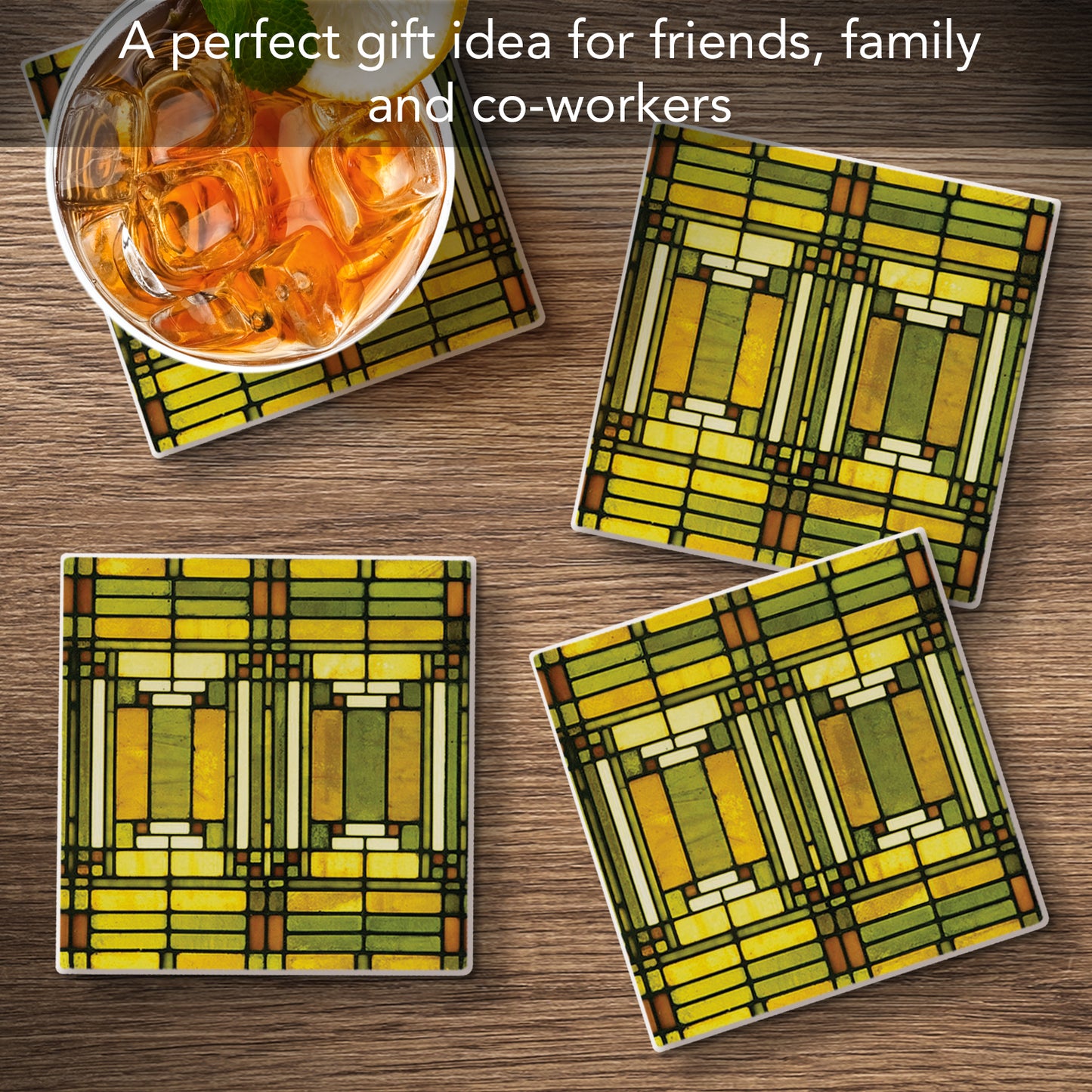 Oak Park Skylight Design from Frank Lloyd Wright Foundation on 4-Pack Absorbent Stone Square Coasters with Protective Cork Backing Manufactured in The USA