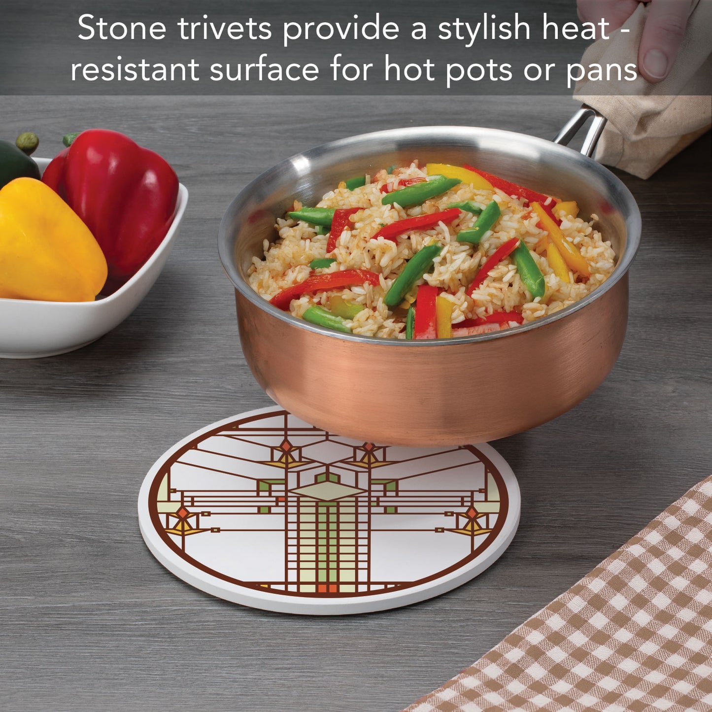 Design from B. Harley Bradley House by Frank Lloyd Wright on 8" Round Stone Trivet Manufactured in The USA Heat Tolerant Easily Wipes Clean