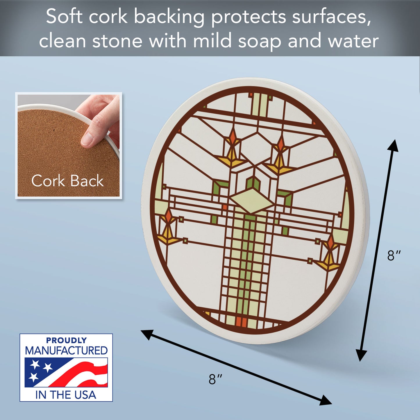 Design from B. Harley Bradley House by Frank Lloyd Wright on 8" Round Stone Trivet Manufactured in The USA Heat Tolerant Easily Wipes Clean
