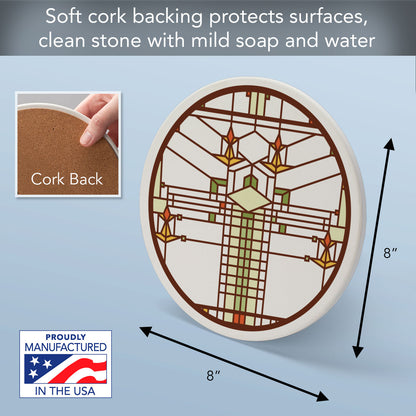 Design from B. Harley Bradley House by Frank Lloyd Wright on 8" Round Stone Trivet Manufactured in The USA Heat Tolerant Easily Wipes Clean