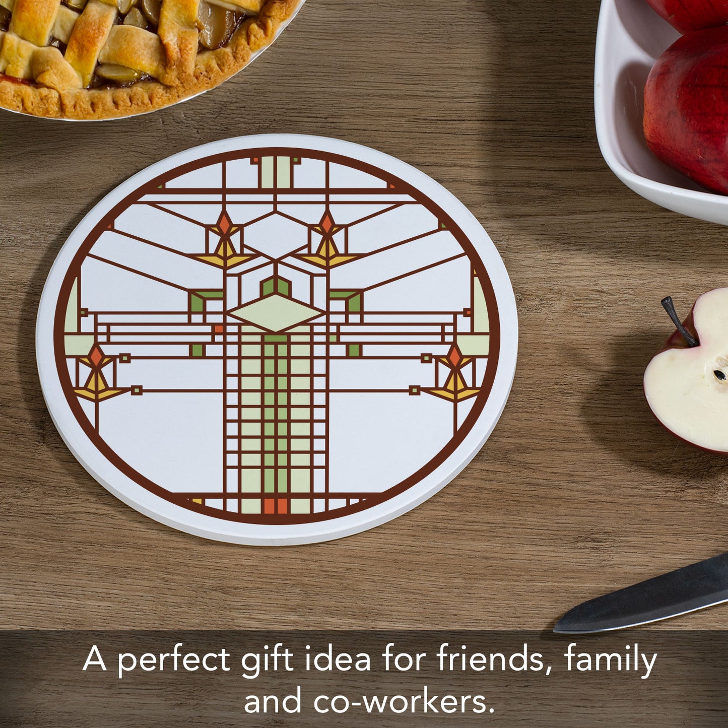 Design from B. Harley Bradley House by Frank Lloyd Wright on 8" Round Stone Trivet Manufactured in The USA Heat Tolerant Easily Wipes Clean