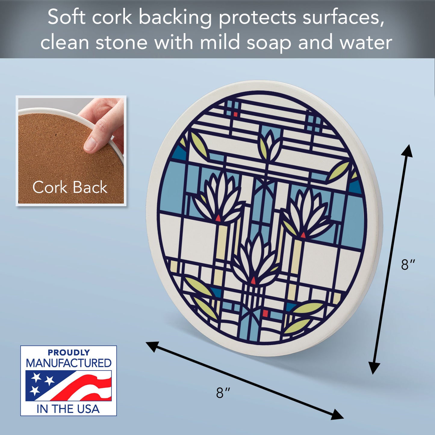 Waterlilies by Frank Lloyd Wright on 8" Round Stone Trivet Manufactured in The USA Heat Tolerant Easily Wipes Clean