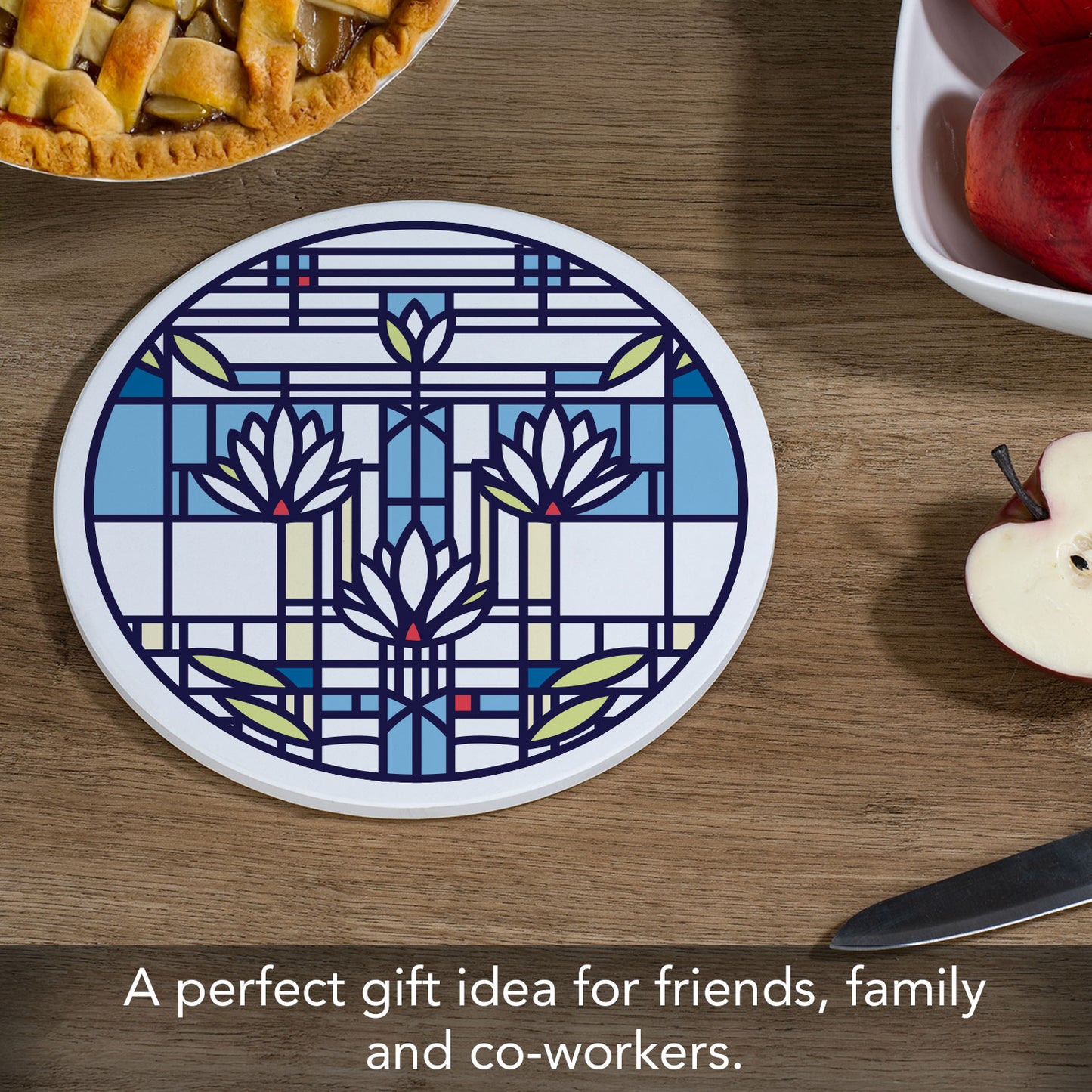 Waterlilies by Frank Lloyd Wright on 8" Round Stone Trivet Manufactured in The USA Heat Tolerant Easily Wipes Clean