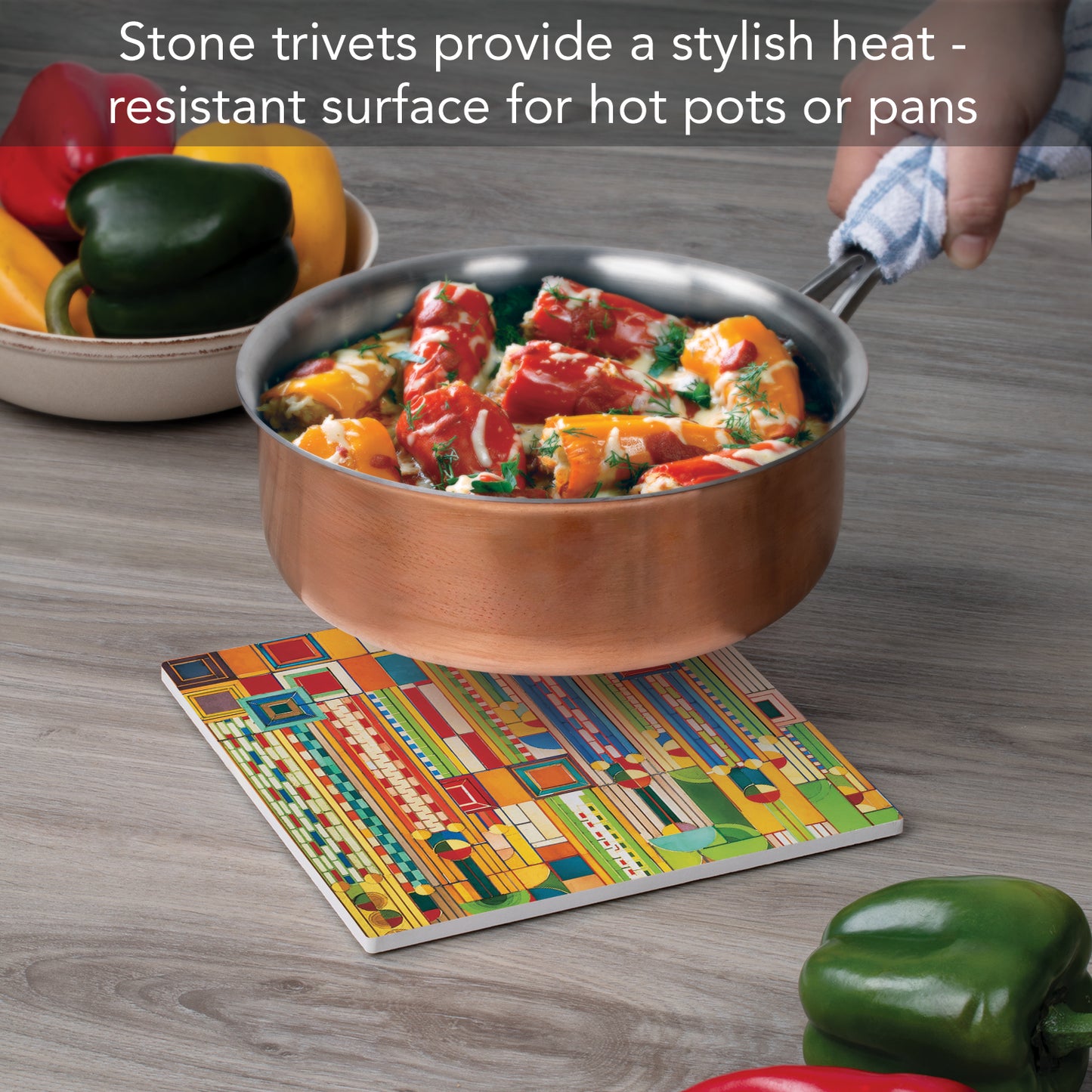 Frank Lloyd Wright's Saguaro Forms Design on 8" Square Stone Trivet Manufactured in The USA Heat Tolerant Easily Wipes Clean
