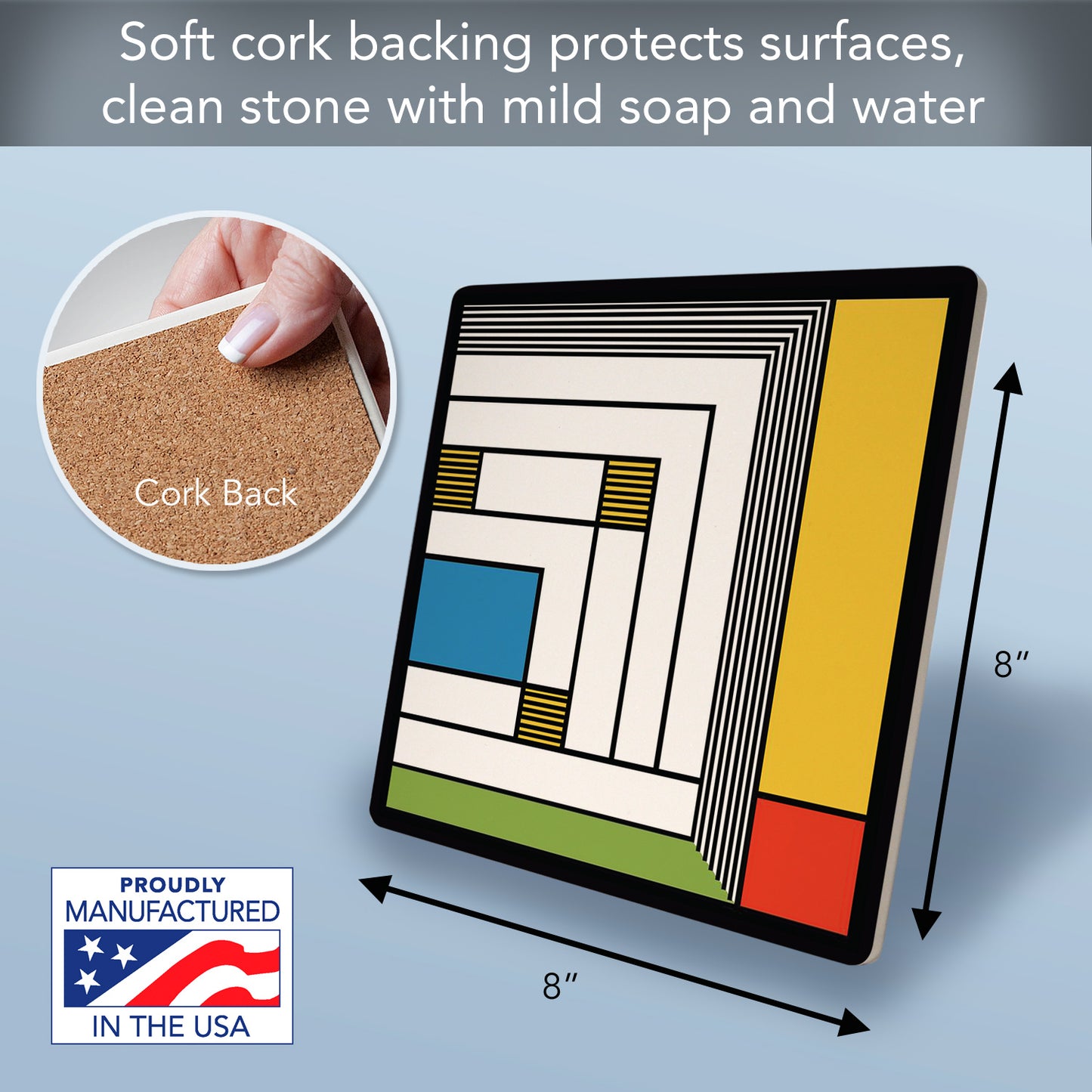 Frank Lloyd Wright's Rug-Yellow Design on 8" Square Stone Trivet Manufactured in The USA Heat Tolerant Easily Wipes Clean