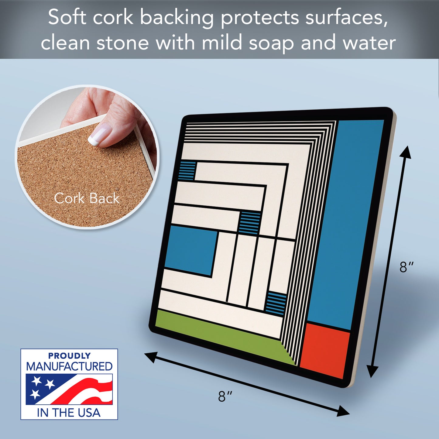Frank Lloyd Wright's Price Rug-Blue Design on 8" Square Stone Trivet Manufactured in The USA Heat Tolerant Easily Wipes Clean