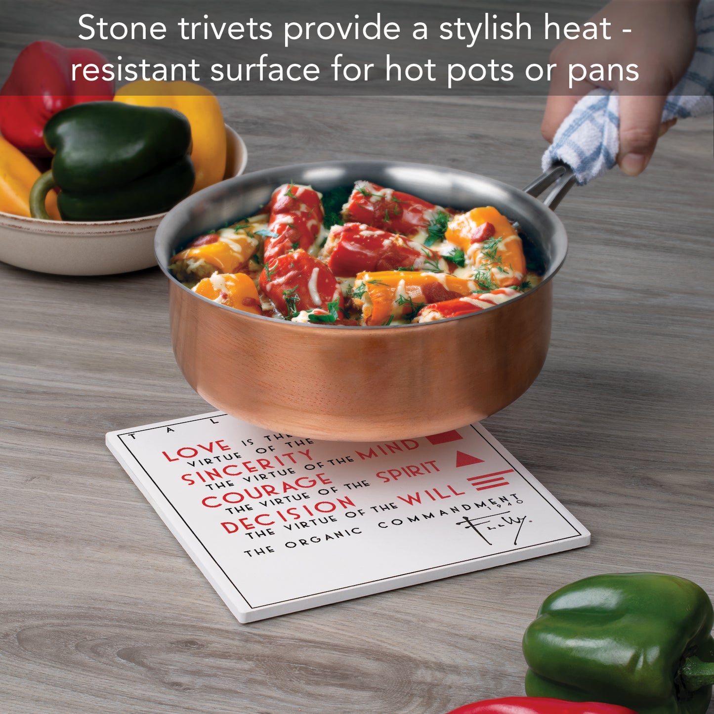 Organic Commandment Design from F.L.W. Foundation on 8" Square Stone Trivet Manufactured in The USA Heat Tolerant Easily Wipes Clean