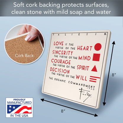 Organic Commandment Design from F.L.W. Foundation on 8" Square Stone Trivet Manufactured in The USA Heat Tolerant Easily Wipes Clean