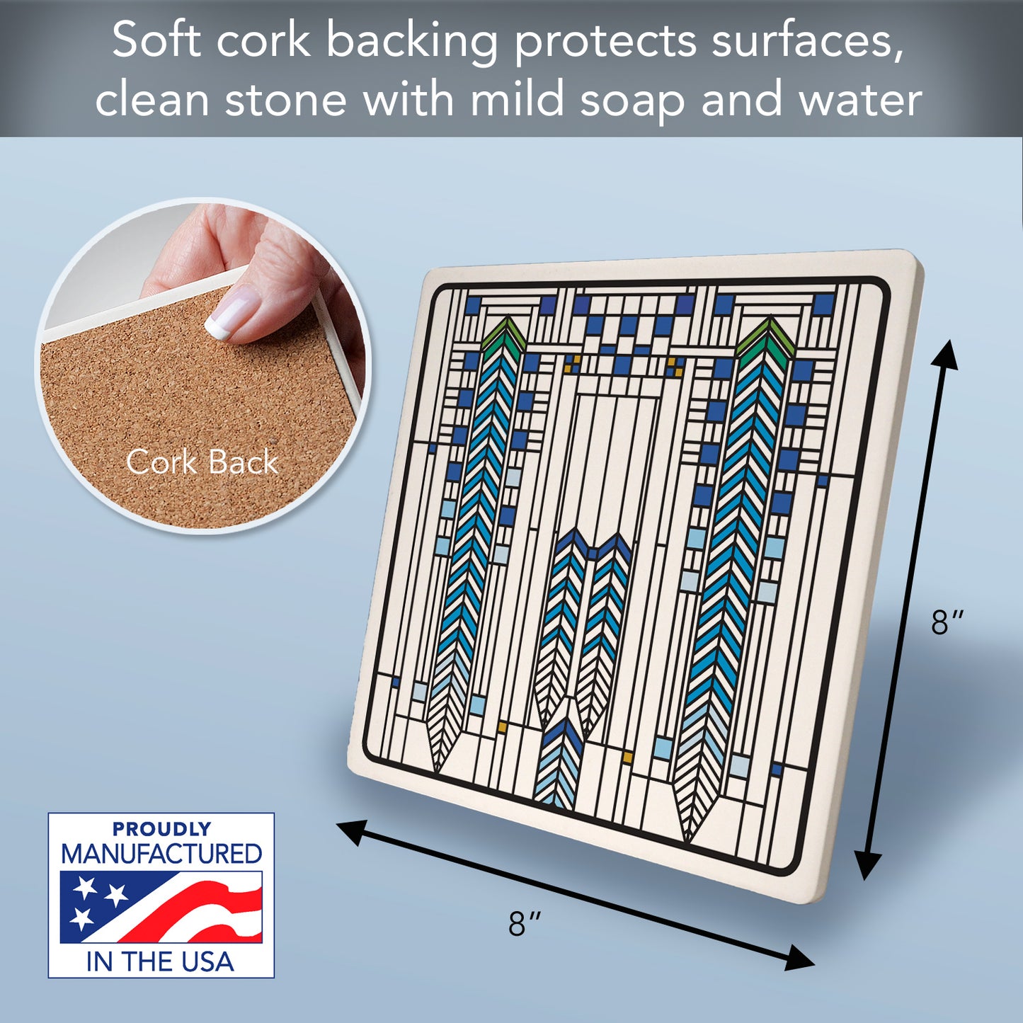 Frank Lloyd Wright's Ennis House IIII Design on 8" Square Stone Trivet Manufactured in The USA Heat Tolerant Easily Wipes Clean