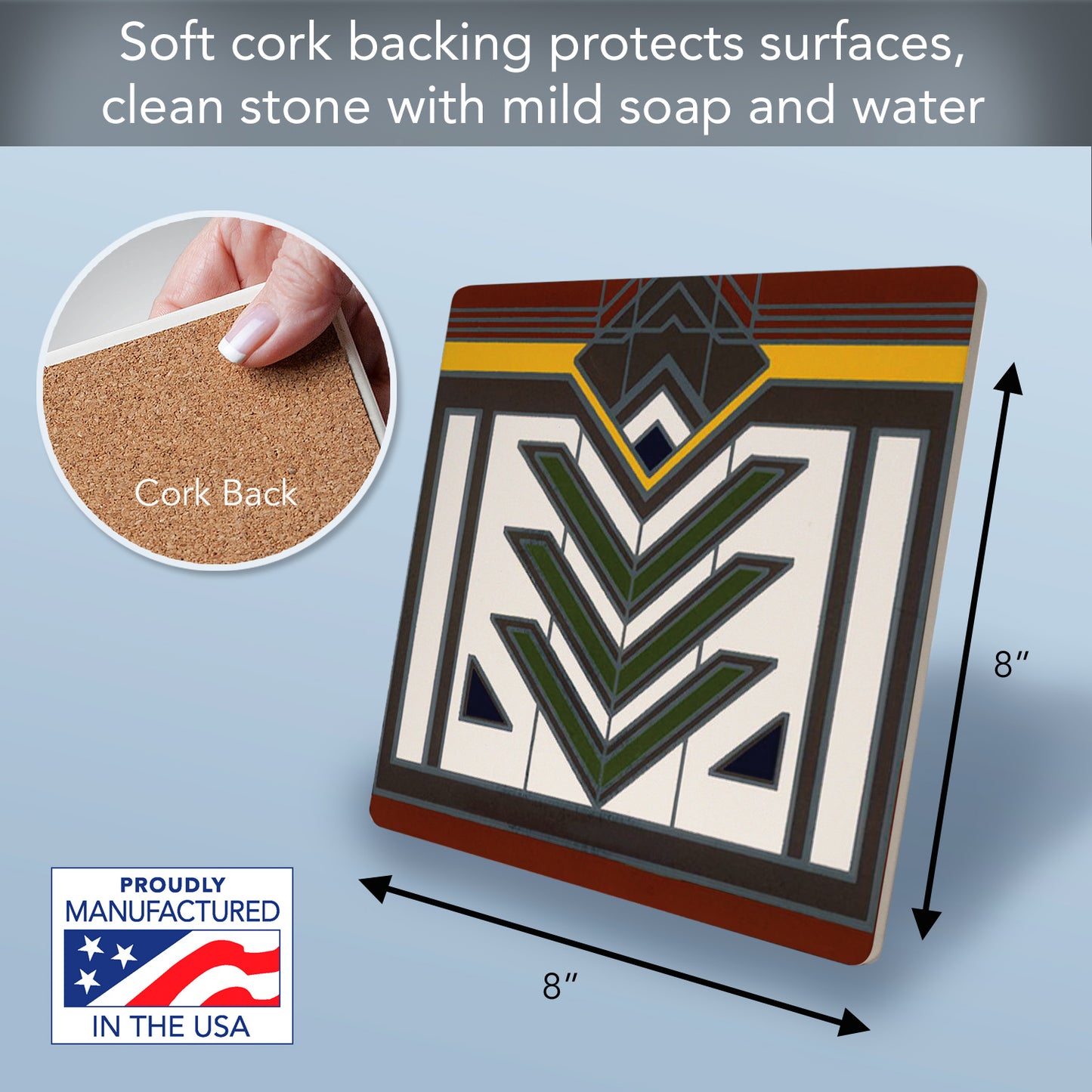 Meyer May House Collection from F.L.W. Foundation 8" Square Stone Trivet Manufactured in The USA Heat Tolerant Easily Wipes Clean