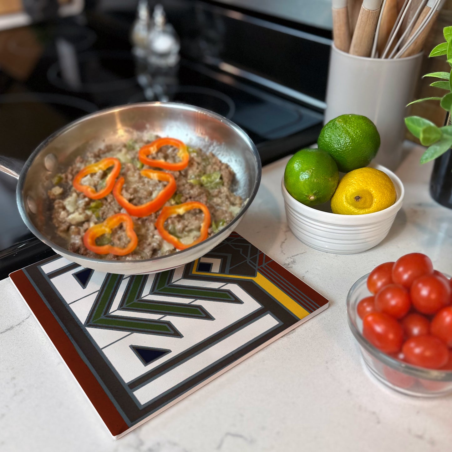 Meyer May House Collection from F.L.W. Foundation 8" Square Stone Trivet Manufactured in The USA Heat Tolerant Easily Wipes Clean