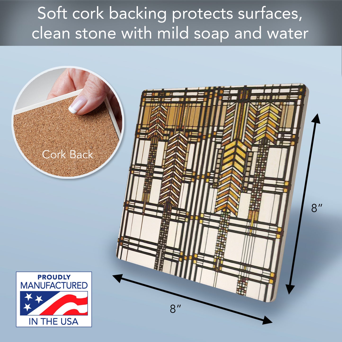 Frank Lloyd Wright's Dana-Thomas House II Design on 8" Square Stone Trivet Manufactured in The USA Heat Tolerant Easily Wipes Clean