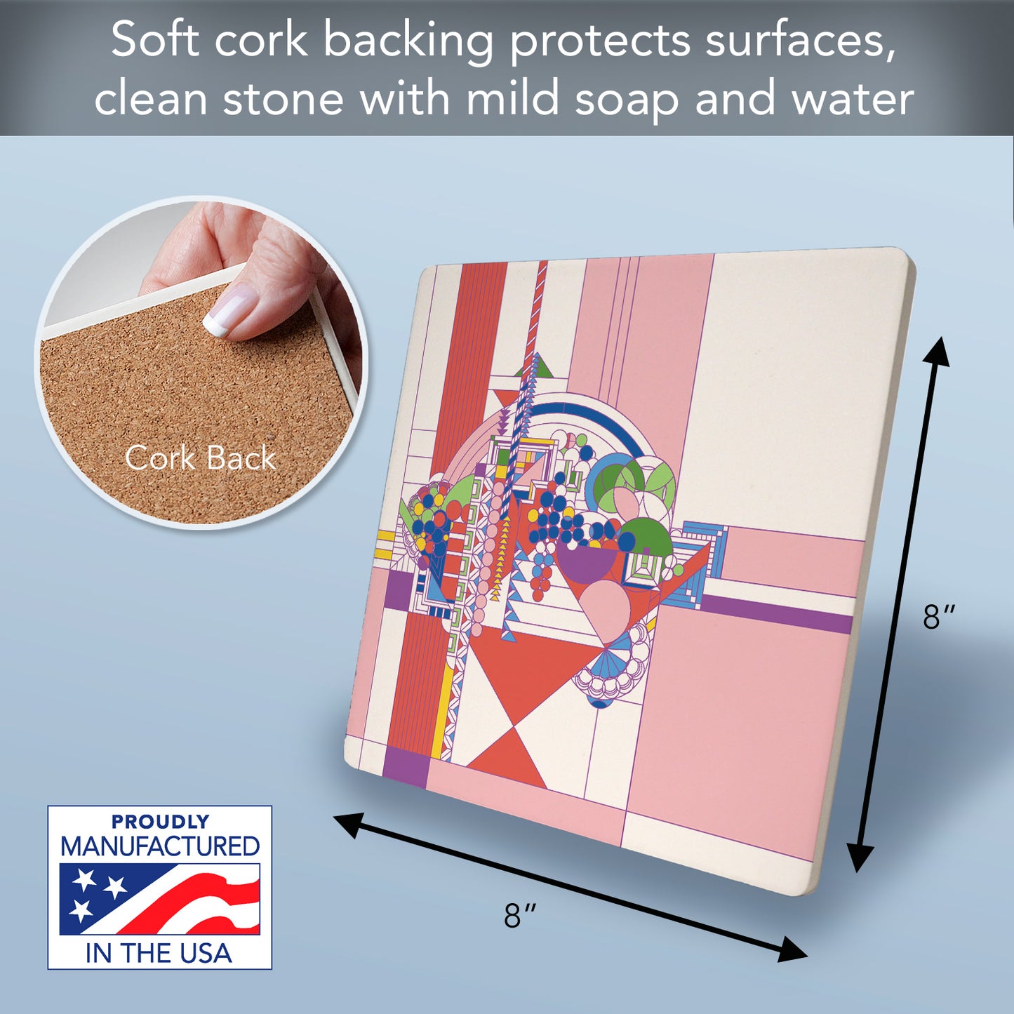 Frank Lloyd Wright May Basket II Design on 8" Square Stone Trivet Manufactured in The USA Heat Tolerant Easily Wipes Clean