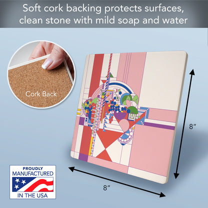Frank Lloyd Wright May Basket II Design on 8" Square Stone Trivet Manufactured in The USA Heat Tolerant Easily Wipes Clean