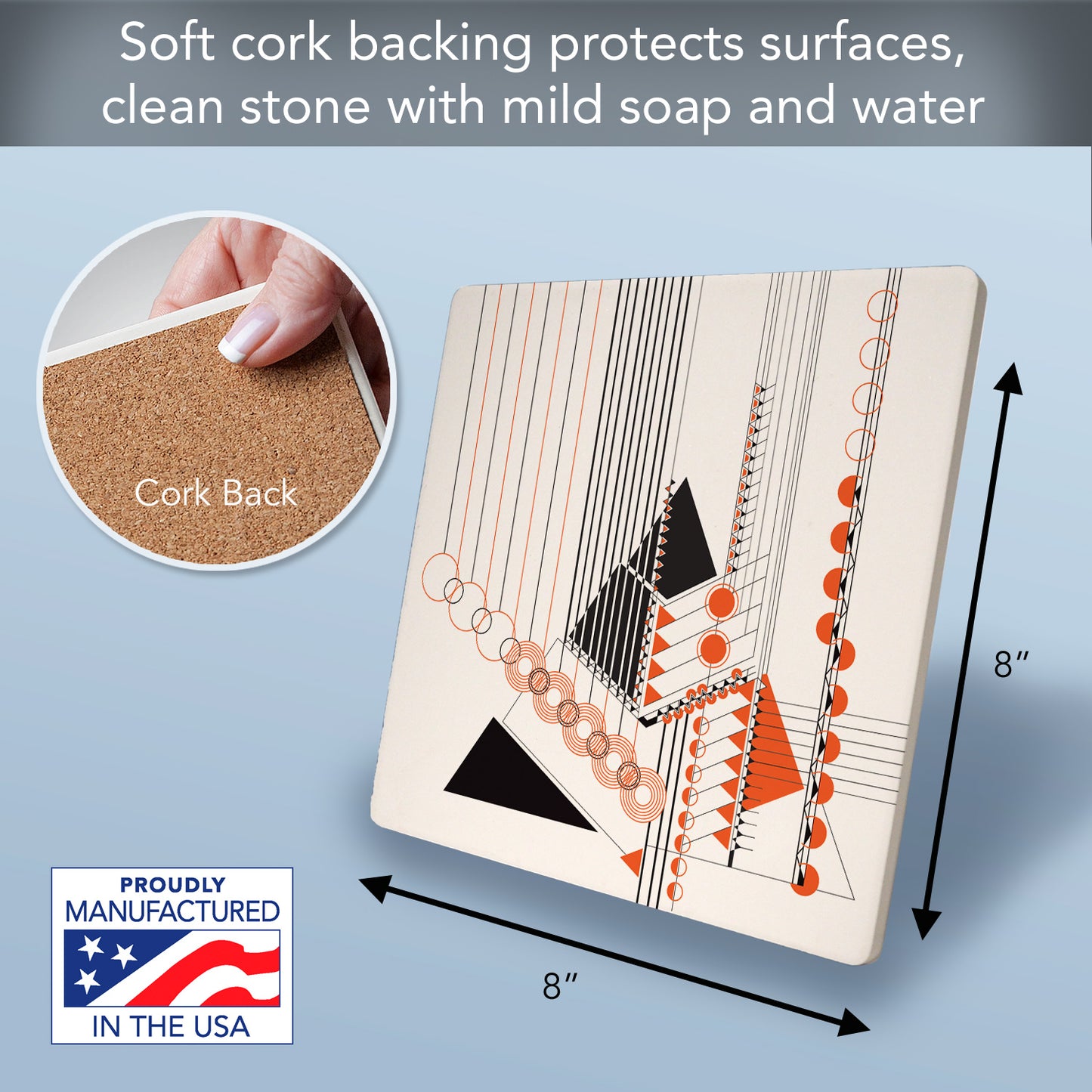 Frank Lloyd Wright Geometric Adornment I on 8" Square Stone Trivet Manufactured in The USA Heat Tolerant Easily Wipes Clean