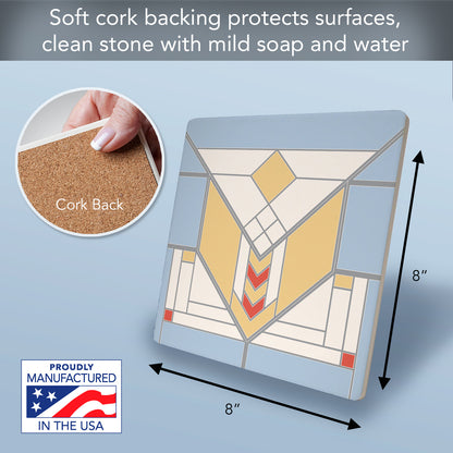 Frank Lloyd Wright's Lake Geneva Design on 8" Square Stone Trivet Manufactured in The USA Heat Tolerant Easily Wipes Clean