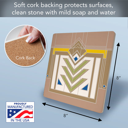 Meyer May Design from F.L.W. Foundation on 8" Square Stone Trivet Manufactured in The USA Heat Tolerant Easily Wipes Clean