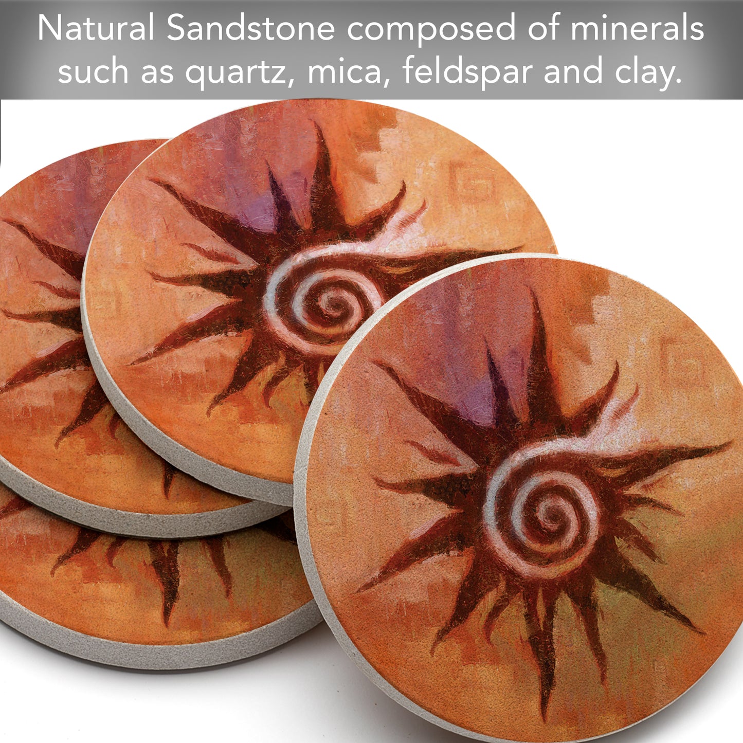 Thirstystone Spiral Sun Natural Sandstone Coaster 4 Pack Eco-Friendly, Absorbent, Easily Wipes Clean