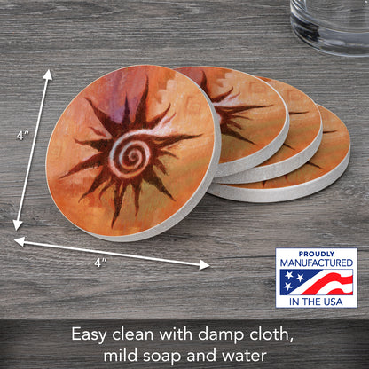 Thirstystone Spiral Sun Natural Sandstone Coaster 4 Pack Eco-Friendly, Absorbent, Easily Wipes Clean