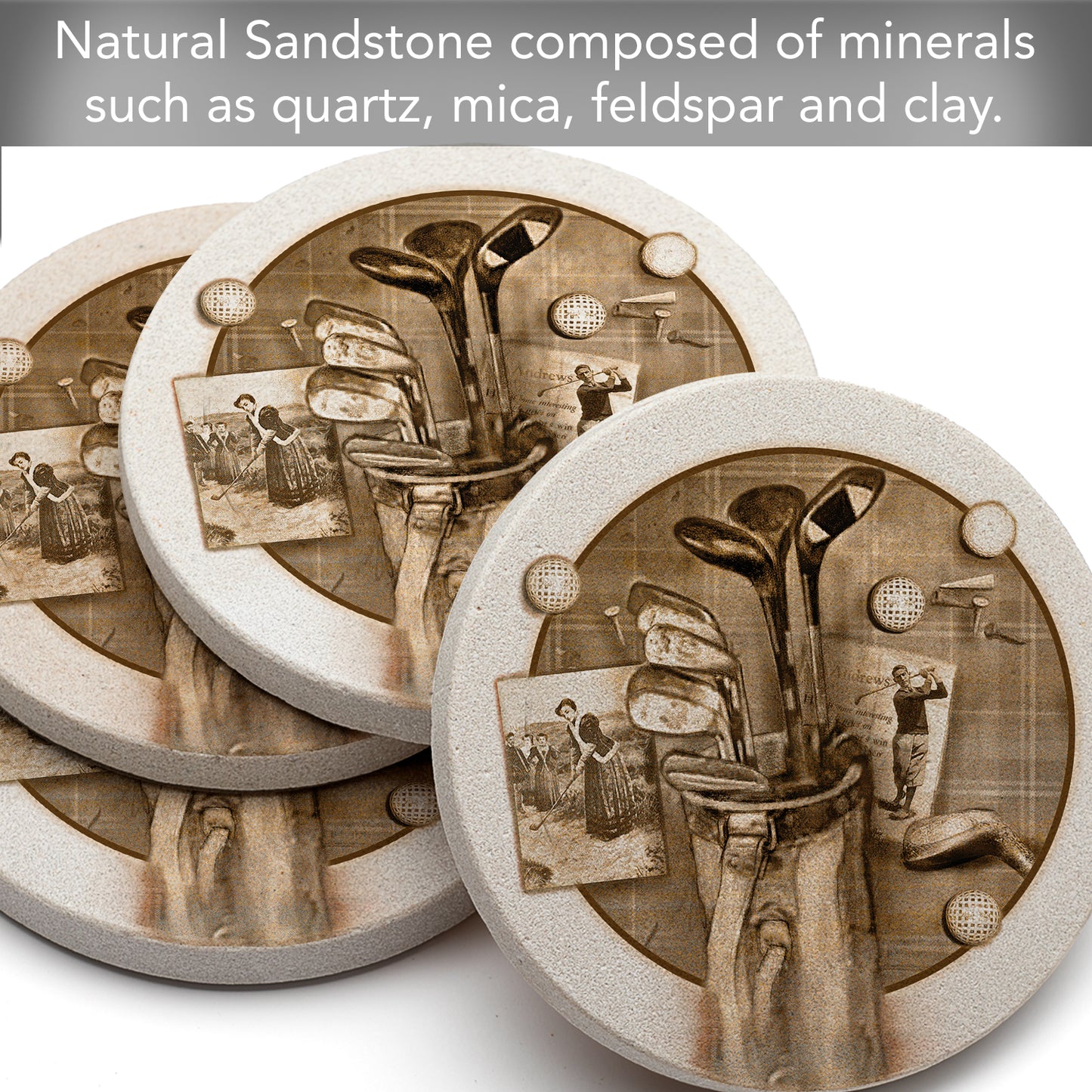 Thirstystone Golf Treasures Natural Sandstone Coasters with Protective Cork Backing 4 Pack Eco-Friendly, Absorbent, Easily Wipes Clean