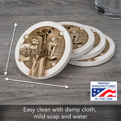 Thirstystone Golf Treasures Natural Sandstone Coasters with Protective Cork Backing 4 Pack Eco-Friendly, Absorbent, Easily Wipes Clean